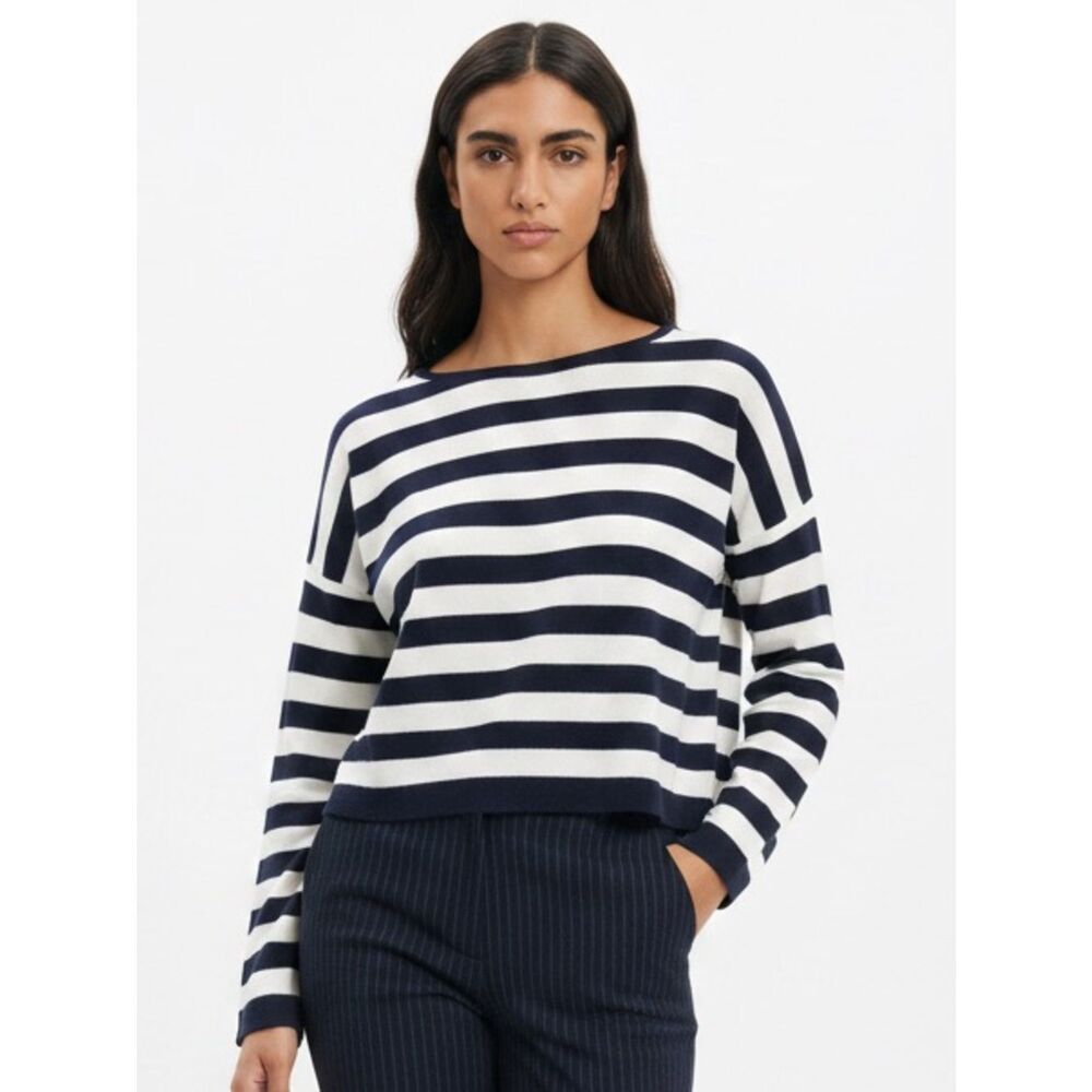 FARM RIO | Striped Cropped Long Sleeve Sweater Navy Blue & White Lightweight S